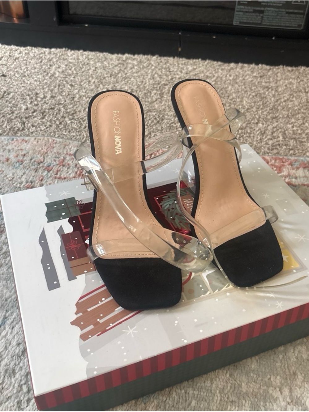 Fashion Nova Black Square-Toe Clear Strap Slide Heels